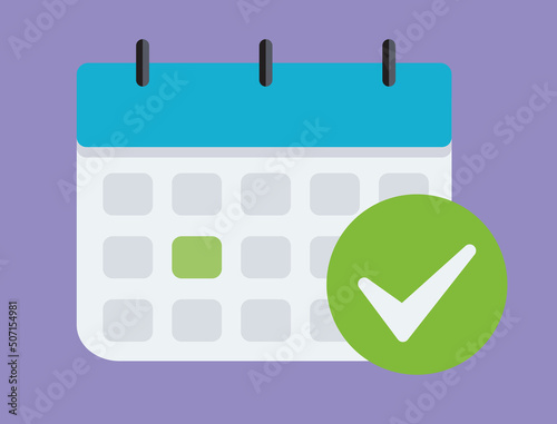 Calendar with checkmark or tick notice icon vector. Flat cartoon event reminder with check mark as approved or schedule date symbol isolated clipart