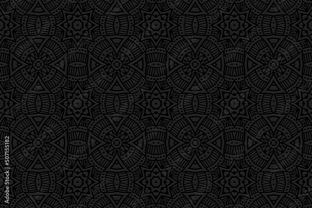 Embossed black background, trendy cover design. Geometric 3D pattern, ethnic texture in handmade and art deco style. Traditions of the East, Asia, India, Mexico, Aztecs, Peru. Embossed black background, trendy cover design. Geometric 3D pattern, ethnic texture in handmade and art deco style. Traditions of the East, Asia, India, Mexico, Aztecs, Peru.