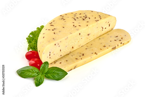 Traditional Latvian homemade cheese with cumin seeds for annual Latvian festival celebrating the summer solstice Ligo holiday. Isolated on white background. photo