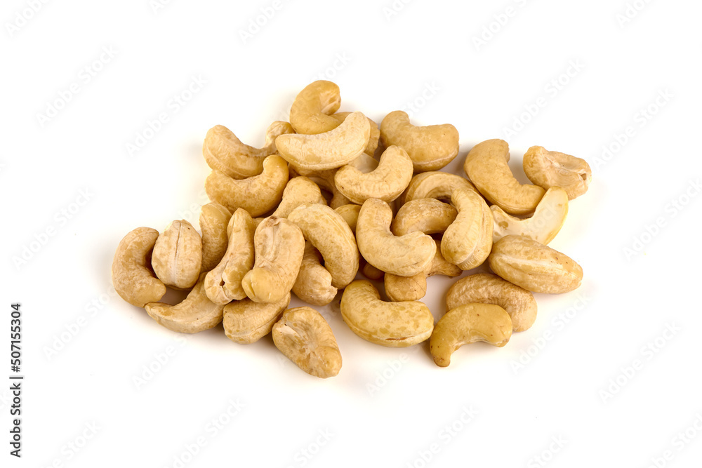 Organic Cashew nuts, close-up, isolated on white background. Organic Cashew nuts, close-up, isolated on white background.