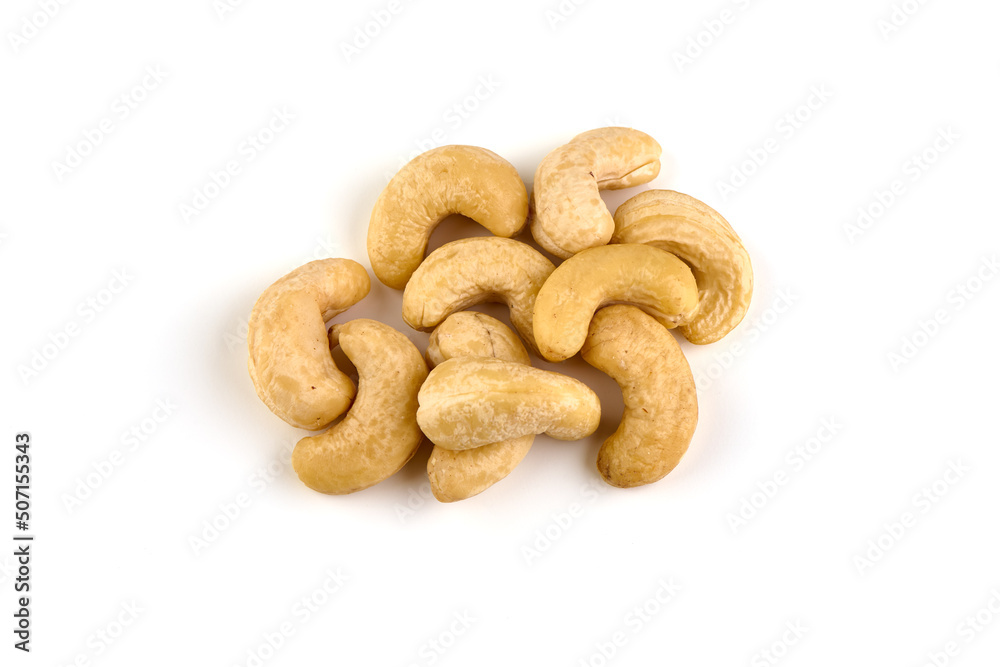 Organic Cashew nuts, close-up, isolated on white background. Organic Cashew nuts, close-up, isolated on white background.
