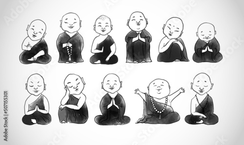 Little meditating buddhist monks. Traditional Japanese ink wash painting sumi-e.