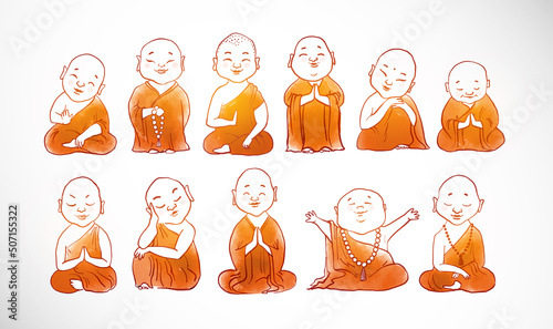 Little meditating buddhist monks in orange robes on white background.