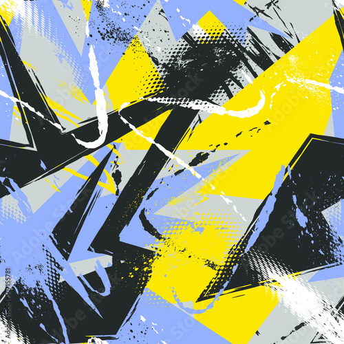 Abstract urban seamless pattern with curved geometry elements and grunge wave lines 