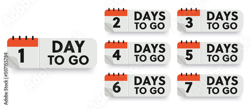 Countdown badges. Number of days left to go, from 1 to 7. Countdown left days, stylized counter in red and black colors