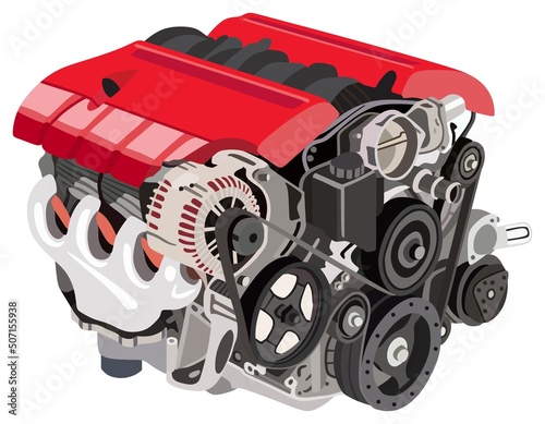 Automobile car engine infographic diagram mechanics dynamics engineering physics science education structure parts cartoon vector drawing industrial flat design illustration automotive industry 