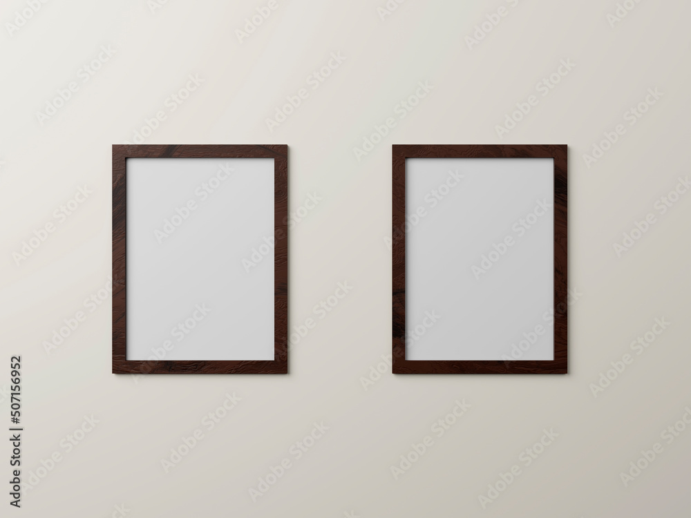 Vertical simple frame mockups. Two vertical dark wood Blank frame hanging on wall painted white color. Blank photo frame mockups for your design. 3d rendering illustration. Vertical simple frame mockups. Two vertical dark wood Blank frame hanging on wall painted white color. Blank photo frame mockups for your design. 3d rendering illustration.
