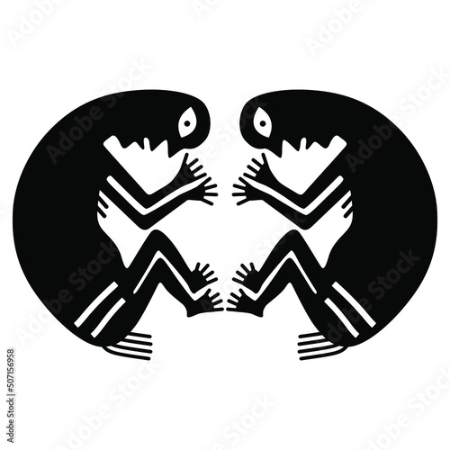 Symmetrical design with two stylized human figures. Mimbres pottery. Native American ethnic design of Mogollon Pueblo Indians.  Black and white silhouette.  photo