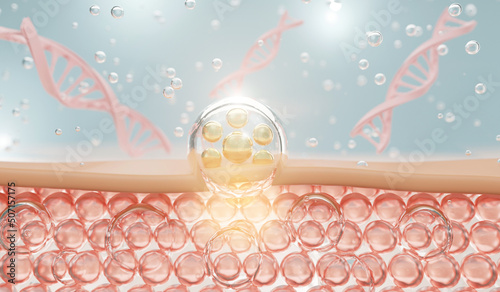 3D Collagen Skin Serum and Vitamin illustration, Cosmetic serum Oil drop on skin cell, moisturizer, collagen serum. 3D rendering photo