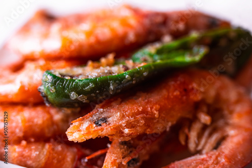 Fried king shrimps close-up, tasty, crispy, large, photo with shallow depth of field. Delicious food concept.
