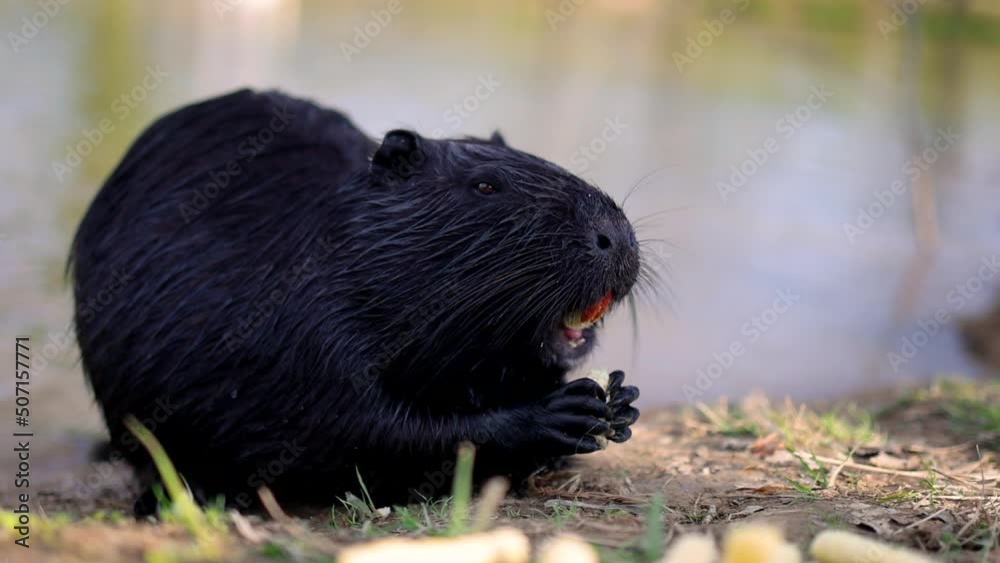cute muzzle with orange teeth of a black coypu, that crunches the yummy treats by the lake cute muzzle with orange teeth of a black coypu, that crunches the yummy treats by the lake