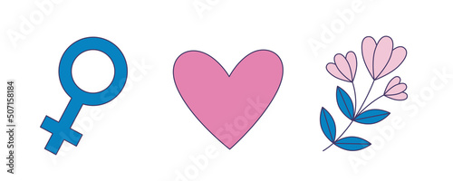 International Women's Day concept items and feminine symbols set. Vector illustrations.