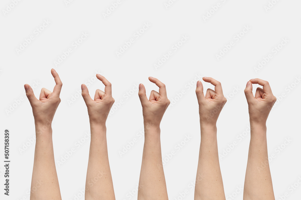 Set of hands with measuring symbols isolated on white. Set of hands with measuring symbols isolated on white.