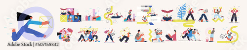 Startup illustrations set. Flat line vector modern concept illustration of people, startup metaphor. Concept of building new business, planning, strategy, teamwork and management. Company processes