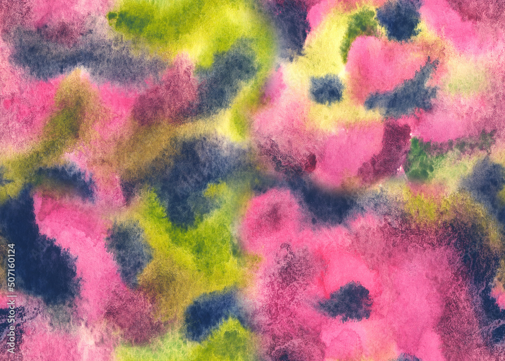 Seamless pattern of watercolor stains in pink and olive tones, print for fabric, wrapping paper and other designs