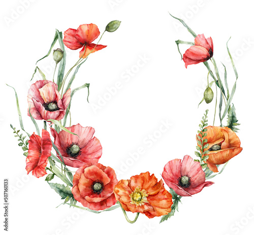 Watercolor meadow flowers wreath of poppy  leaves and buds. Hand painted floral poster of wildflowers isolated on white background. Holiday Illustration for design  print  background.