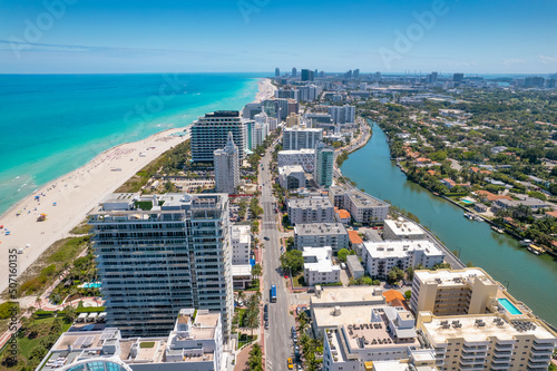 Miami Beach Florida. Panorama of Miami South Beach City FL. Atlantic Ocean. Summer vacations. Beautiful View on Residential house, Hotels and Resorts on Island. Turquoise color of salt water. 
