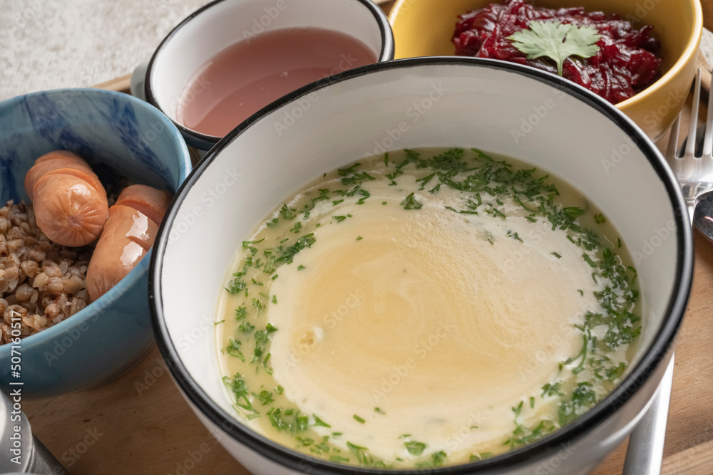 Multi course lunch in bowls and wooden stave, healthy eating concept Multi course lunch in bowls and wooden stave, healthy eating concept