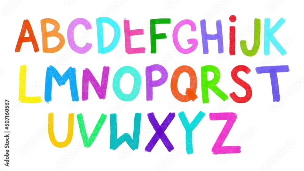 Appearing hand-drawn English alphabet .Animation of line inscription.SMM.Cartoon rainbow chalk line on white background world subscribe, isolated drawing. Free handwritten text. Concept for video