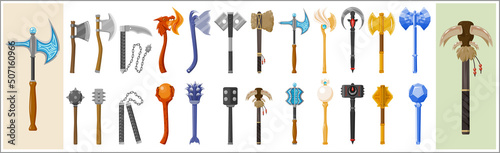 A collection of fantasy axe and mace weapon icons photo