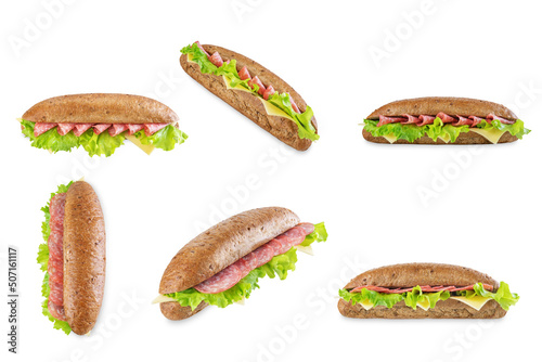 Rye sandwich with sausage, cheese and salad leaves on a white isolated background