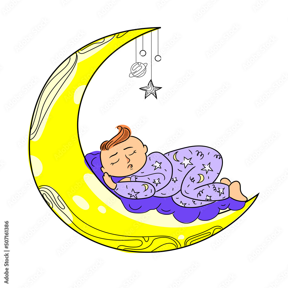 Cute baby sleeping on the moon vector cartoon illustration isolated on white background.Newborn baby sleep.Kid graphic.Happy childhood.Bedtime concept. Cute baby sleeping on the moon vector cartoon illustration isolated on white background.Newborn baby sleep.Kid graphic.Happy childhood.Bedtime concept.