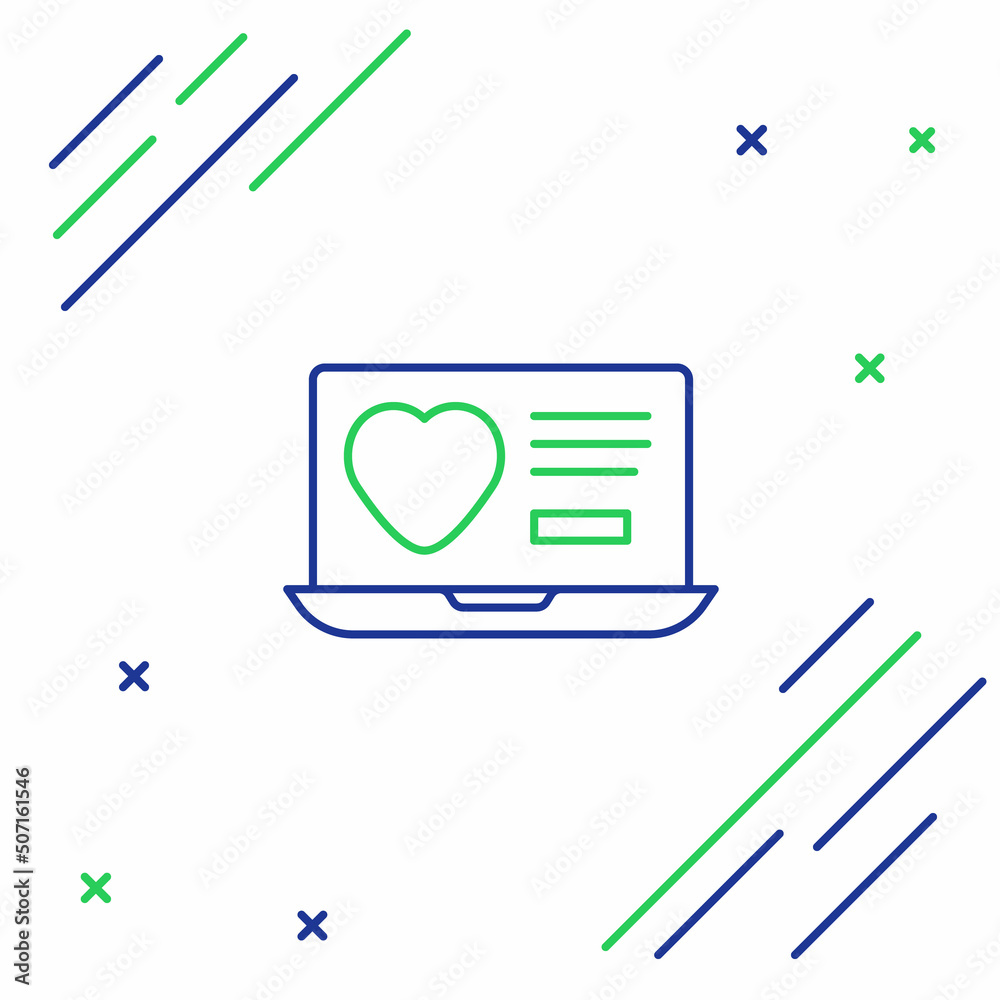 Line Dating app online laptop concept icon isolated on white background. Female male profile flat design. Couple match for relationship. Colorful outline concept. Vector