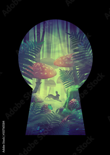 Silhouette of keyhole on black background and fantastic wonderland forest landscape with road, mushrooms, ferns and white rabbit. illustration to the fairy tale
