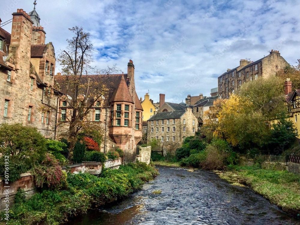 Dean village view in Edinburgh, Scotland. View from the Dean bridge over Water of Leith. Iconic 19th century village close to Edinburgh’s West End.