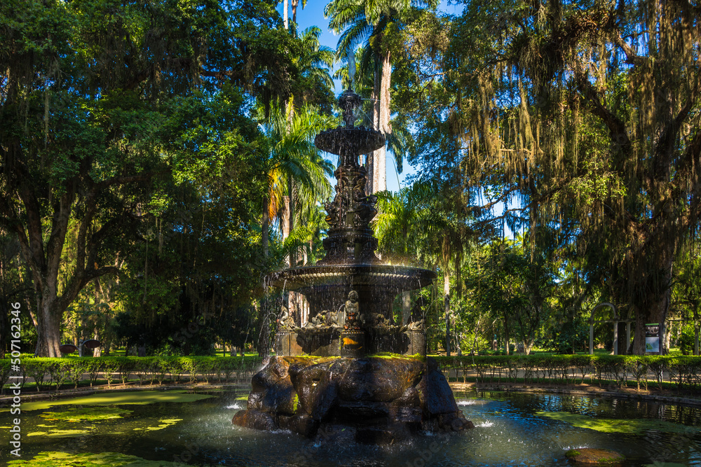 Closer view of a beautiful fountain at Rio de Janeiro botanical garden