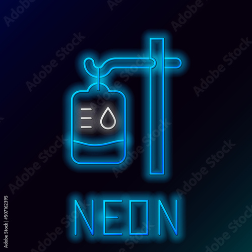 Glowing neon line IV bag icon isolated on black background. Blood bag. Donate blood concept. The concept of treatment and therapy, chemotherapy. Colorful outline concept. Vector