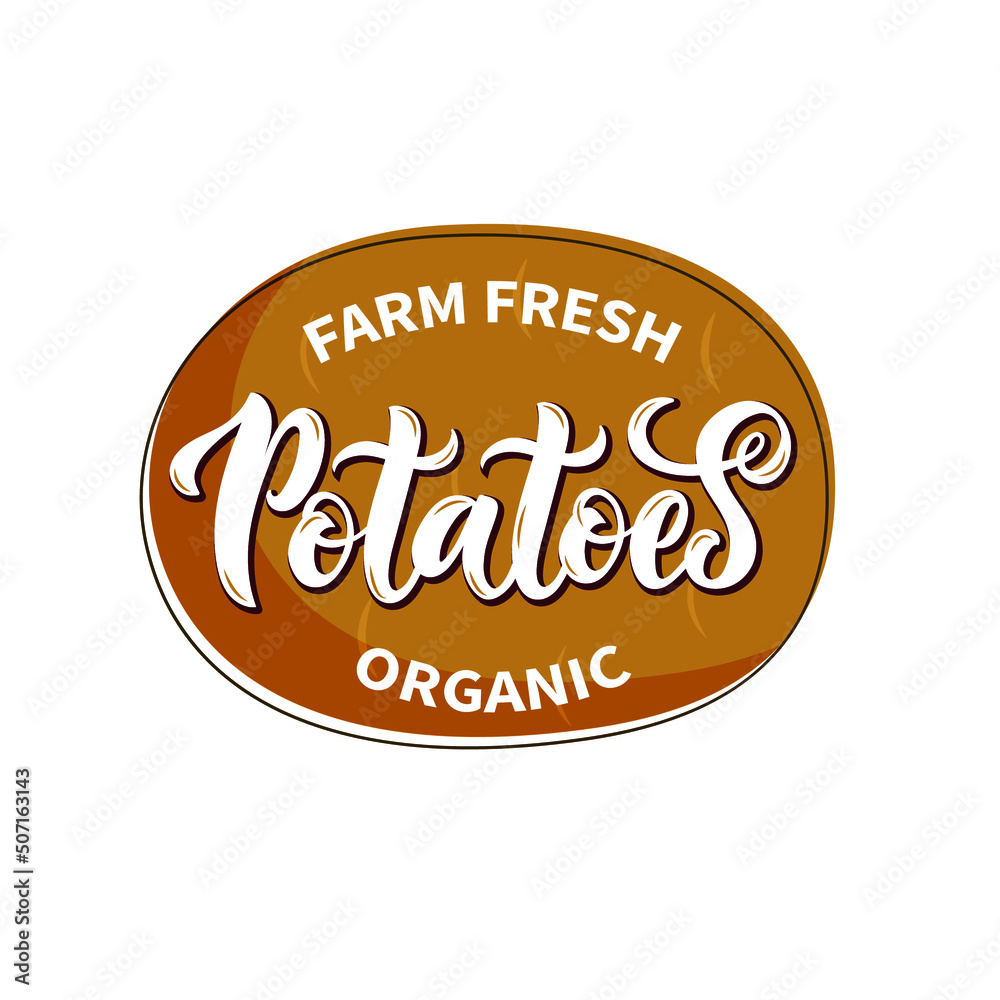 Hand sketched Potatoes product lettering typography. Concept for farmers market, organic food, natural product design. Potato logo, emblem, sign, badge, icon. Vector illustration, brush calligraphy Hand sketched Potatoes product lettering typography. Concept for farmers market, organic food, natural product design. Potato logo, emblem, sign, badge, icon. Vector illustration, brush calligraphy