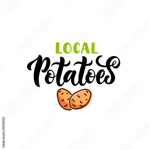 Hand sketched Potatoes product lettering typography. Concept for farmers market, organic food, natural product design. Potato logo, emblem, sign, badge, icon. Vector illustration, brush calligraphy