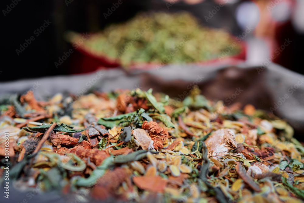 Spices and herbals on moroccan street market.