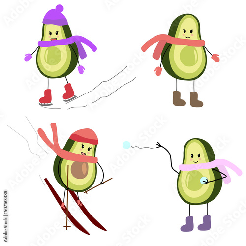 Set of vector illustrations character avocado girl and winter active games. Ice skating, skiing, snowball fights.