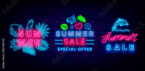 Summer sale neon signs collection. Season special offer badge. Dolphin and tropical leaves. Vector illustration