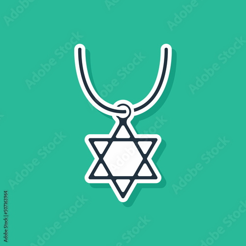 Blue Star of David necklace on chain icon isolated on green background. Jewish religion symbol. Symbol of Israel. Jewellery and accessory. Vector