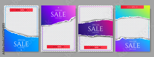 Vector illustration. Torn paper effect. Color gradient color banner collection. Design for brochure, book cover, magazine, poster, gift or business card, banner, flyer. Realistic 3d concept