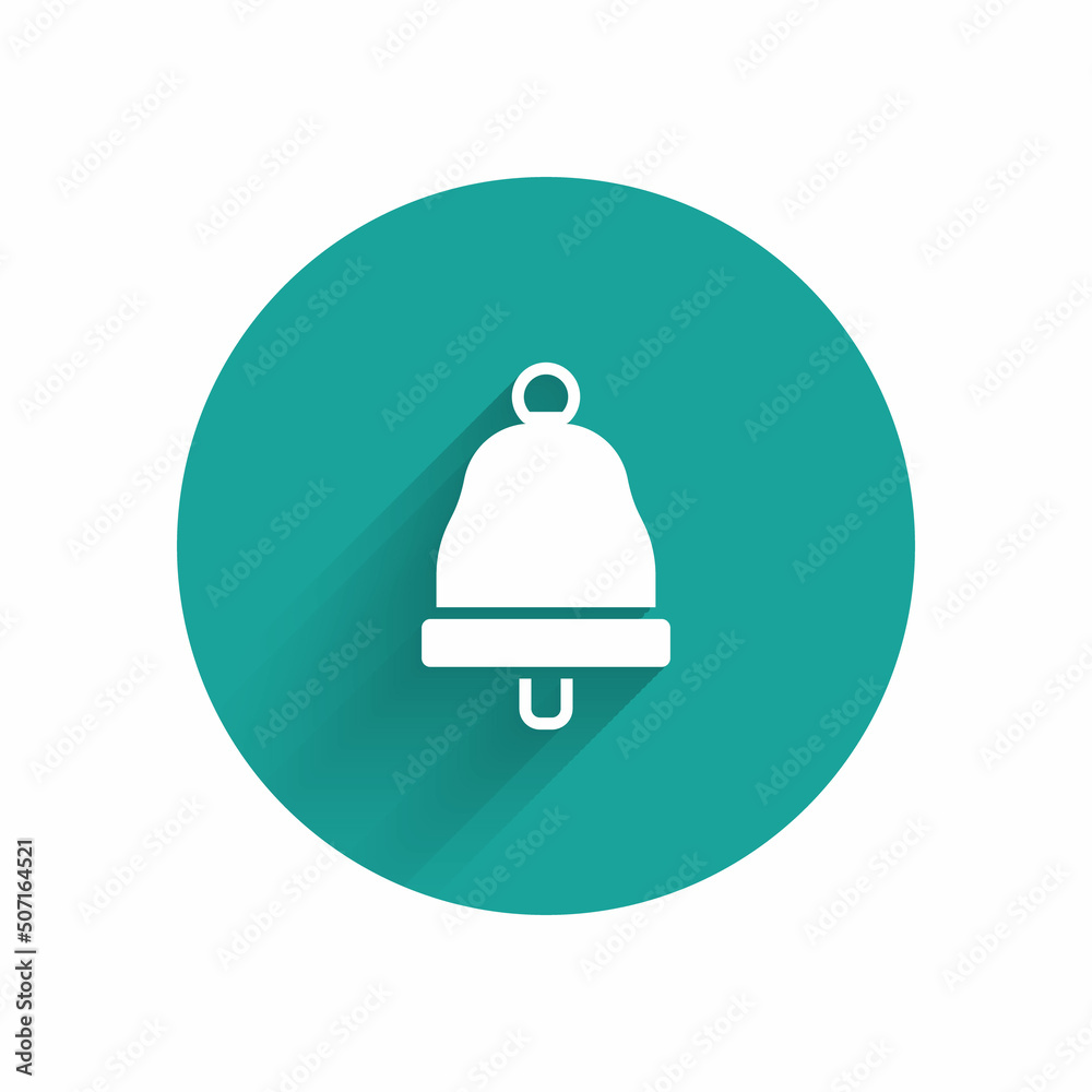 White Ringing bell icon isolated with long shadow. Alarm symbol, service bell, handbell sign, notification symbol. Green circle button. Vector White Ringing bell icon isolated with long shadow. Alarm symbol, service bell, handbell sign, notification symbol. Green circle button. Vector