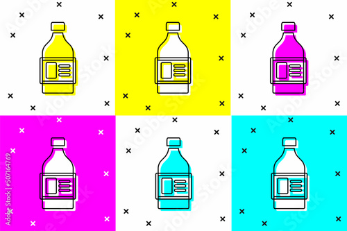 Set Plastic bottle for laundry detergent, bleach, dishwashing liquid or another cleaning agent icon isolated on color background. Vector