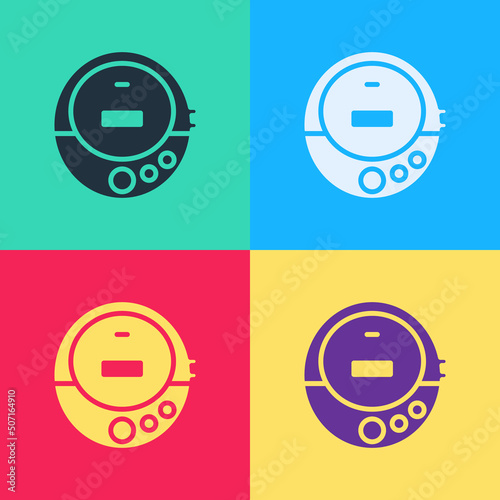 Pop art Music CD player icon isolated on color background. Portable music device. Vector