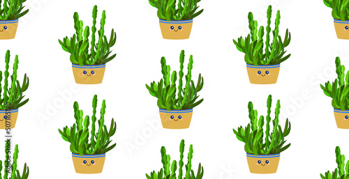 Green cactus plants with kawaii smile emoji faces in cute flowerpots. Home dry-resistant plant, kawaii cacti seamless pattern. Green decorative cactus plants. Anime faces, eyes, smile emoticon on pots
