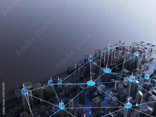Modern, futuristic smart city. Internet, decentralized networks concept. Abstract background. Digital 3D rendering.