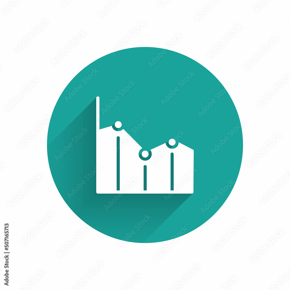 White Pie chart infographic icon isolated with long shadow background. Diagram chart sign. Green circle button. Vector White Pie chart infographic icon isolated with long shadow background. Diagram chart sign. Green circle button. Vector