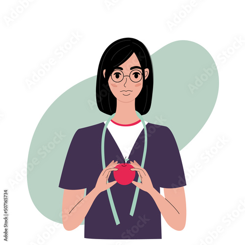 Nutritionist concept. Female nutritionist stands with red apple. Template on a white background. Vector illustration in flat style.