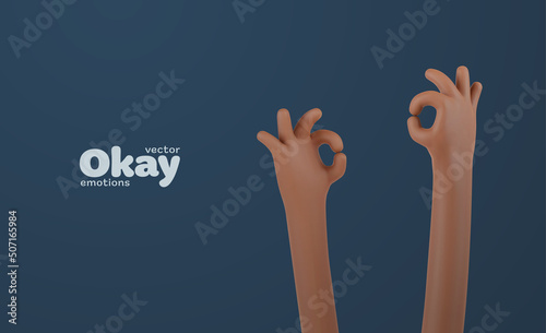 Okay sign two 3d cartoon african human hands vector illustration. Ok gesturing arms fun web banner