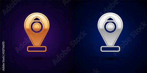 Gold and silver Front facade building jewelry store icon isolated on black background. Vector