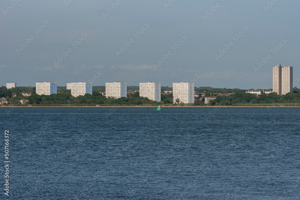 Southampton, England, UK. 2022. Blocks of flats and apartments overlooking Southampton Water in southern England, UK.