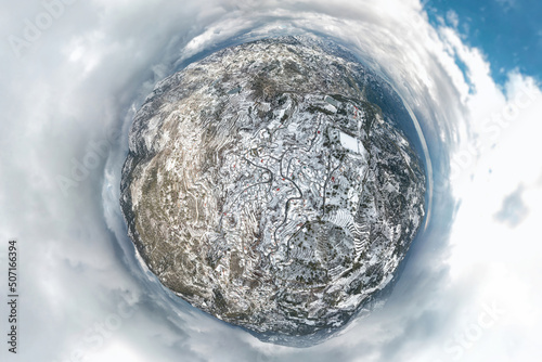 Snow covered mountain village Kyperounta, Cyprus. Spherical panorama photo