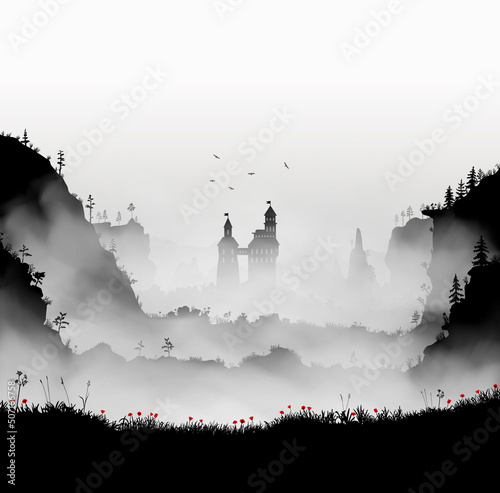 High medieval castle with birds flying above it inside fog clouds and with red poppy field in front of it. Black and white beautiful landscape. Vector illustration
